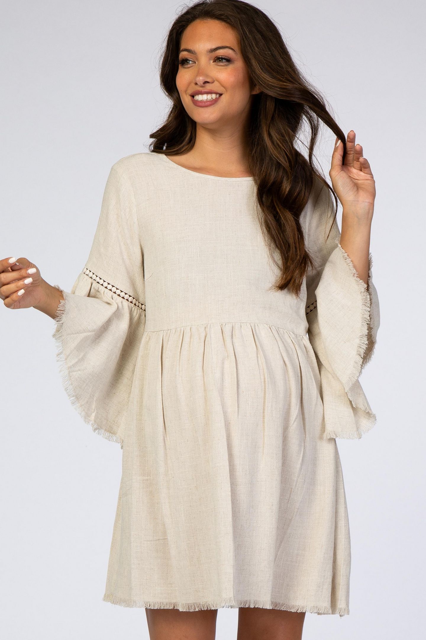 Женское платье Pinkblush Beige Raw Edge Bell Sleeve Babydoll, цвет: Кремовый — фото 2