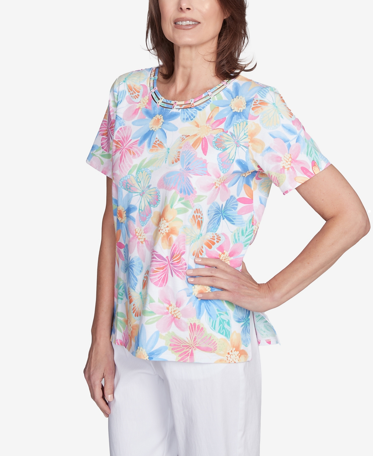 Alfred Dunner Petite Spring Butterfly Crew Neck Top In Multi