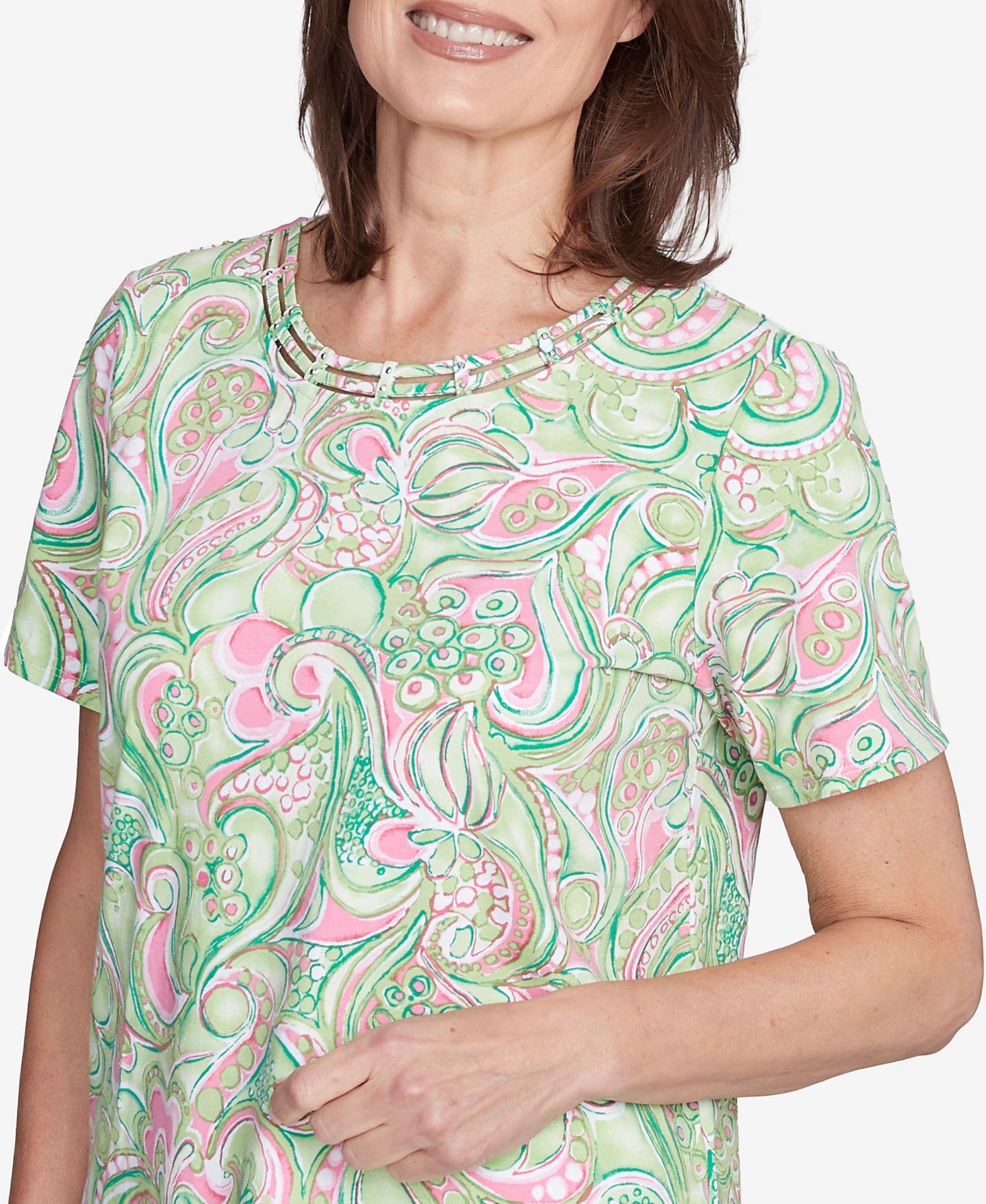 Женский топ Alfred Dunner Petite Abstract Scroll Crew Neck, цвет: Зелёный — фото 6