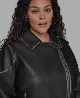 Plus Size Asymmetric Faux-Leather Belted Moto Coat