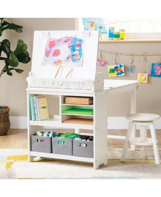 Design Studio – White: 3-in-1 Kids Art Table & Stool, Writing, Painting & Drafting Table w/ Craft Storage & Bins, Art Easel with Paper Roll