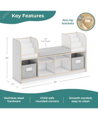 EdQ Reading Nook - Natural: Children's Wooden Bedroom Reading Bench, Kids' Bookshelf, Toy Cubby Organizer and Cube Storage