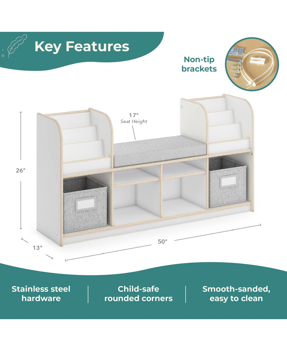 Guidecraft EdQ Reading Nook - Natural: Children's Wooden Bedroom Bench, Kids' Bookshelf, Toy Cubby Organizer and Cube Storage