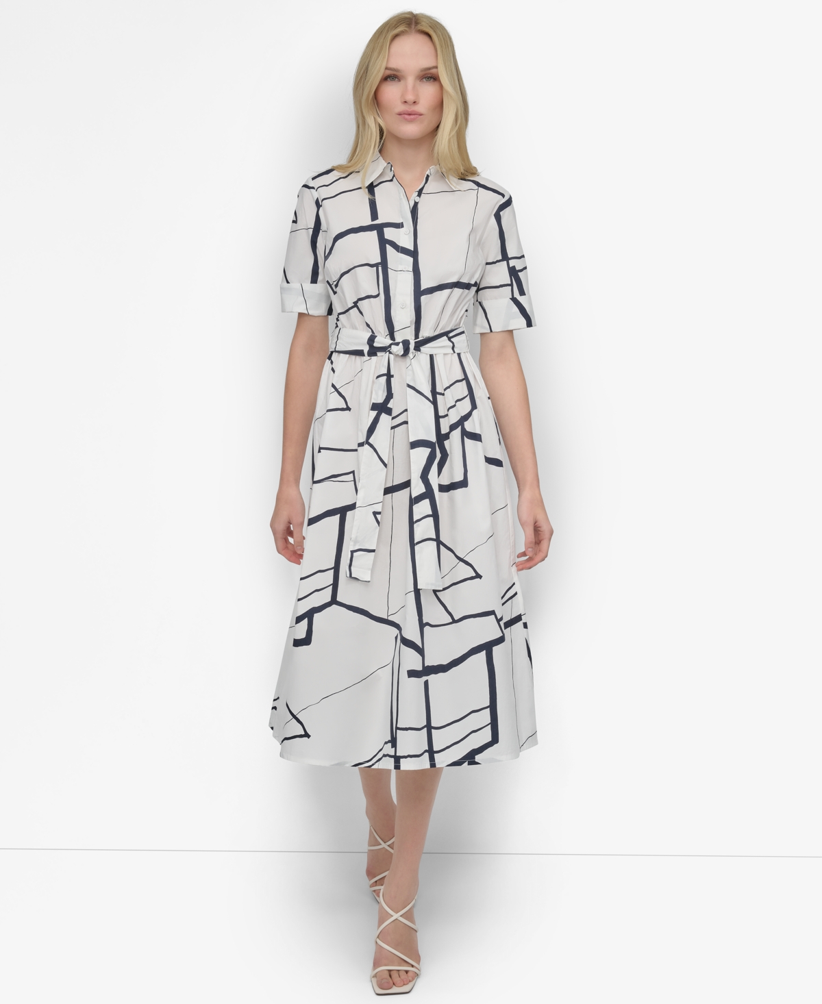 Women's Printed Cotton Shirt Dress - Cream, Navy
