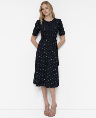 blue dress for baby girl Mac Duggal - Blue Square Neck Crepe Polka Dot Fit and Flare Midi Dress