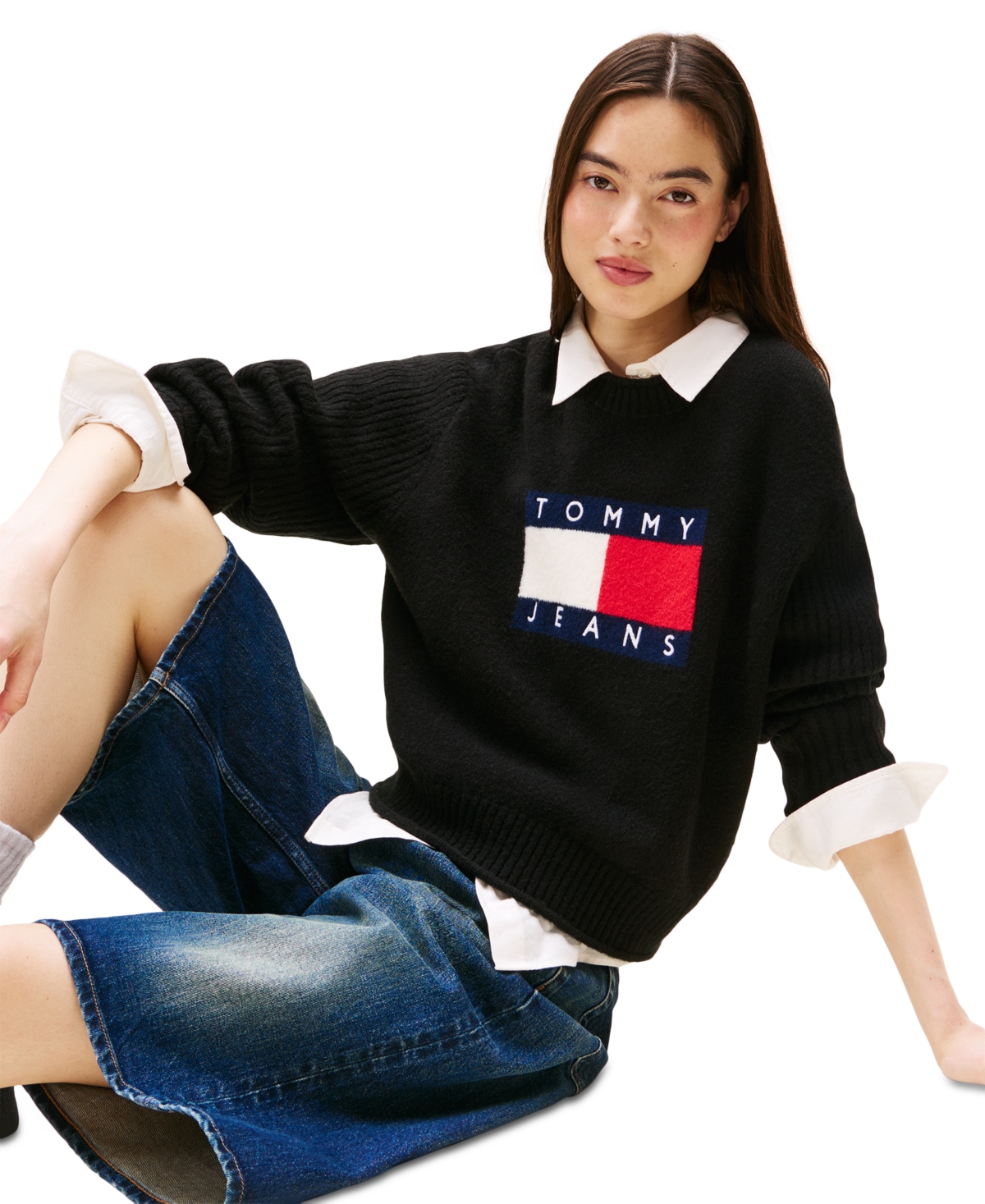 Tommy Jeans Women's Melange-flag Crewneck Sweater In Black