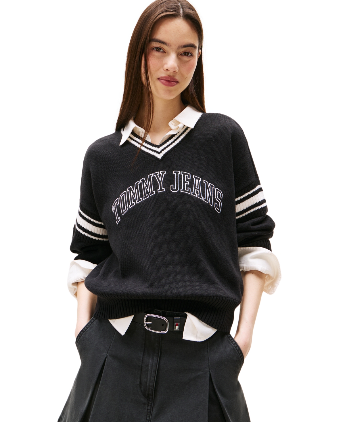 Tommy Jeans Women's Varsity V-neck Cotton Sweater In Black