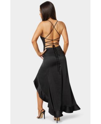 Women's Satin Ruffle Maxi Lace Up Back