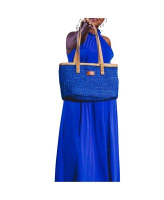 Nourishment Rectangular Handmade Laptop Work Sisal Straw Blue Basket Tote Handbag