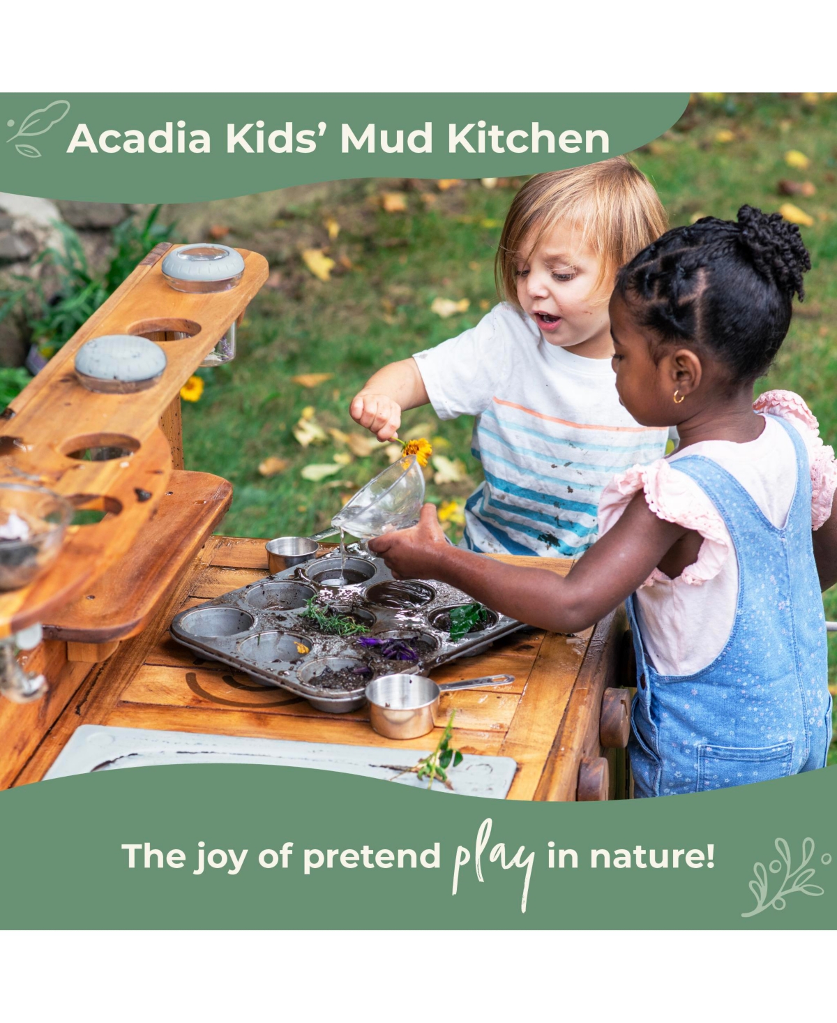 Guidecraft Acadia Kids' Outdoor Mud Kitchen Playset - Pretend Play Kitchen with Sink, Stove, and Accessories | Wooden Backyard Playset