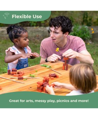 Acadia Outdoor Art Table and Stool Set: Acacia Wood Arts & Crafts Table w/ Storage Paper Roll & Paint Cups Multi Purpose Kids Picnic Table