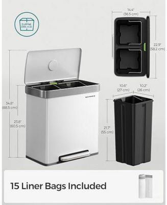 16 Gallon Dual Compartment Trash Can with Removable Buckets, White