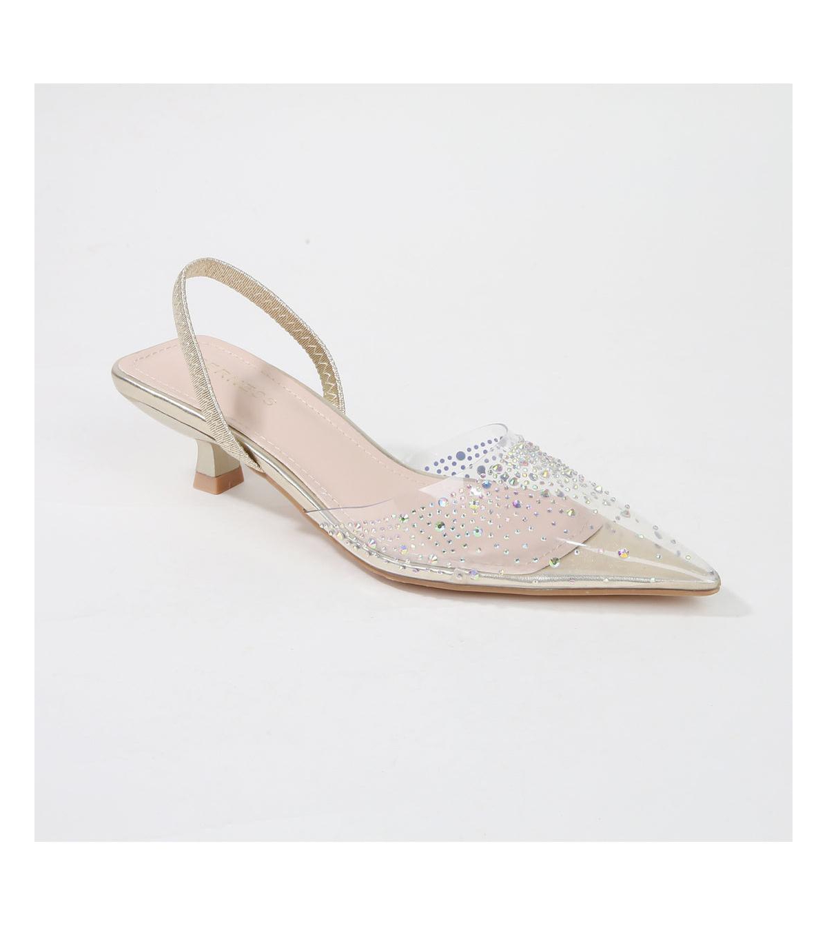 Mabel Clear Rhinestone Kitten Heels - Gold