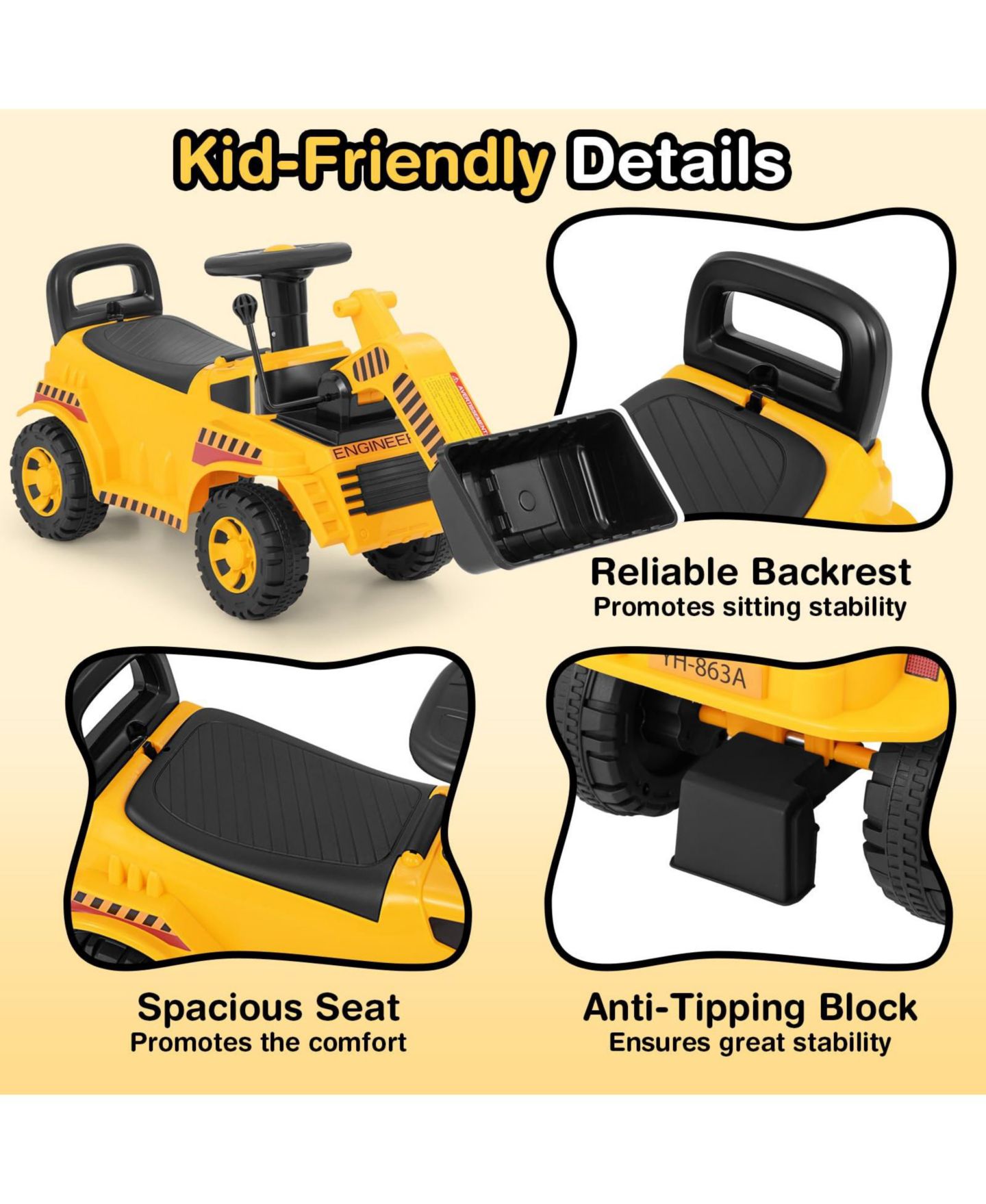 Детская игрушка Mecale Ride on Bulldozer Excavator Digger Toy with Adjustable Bucket, цвет: Жёлтый — фото 7