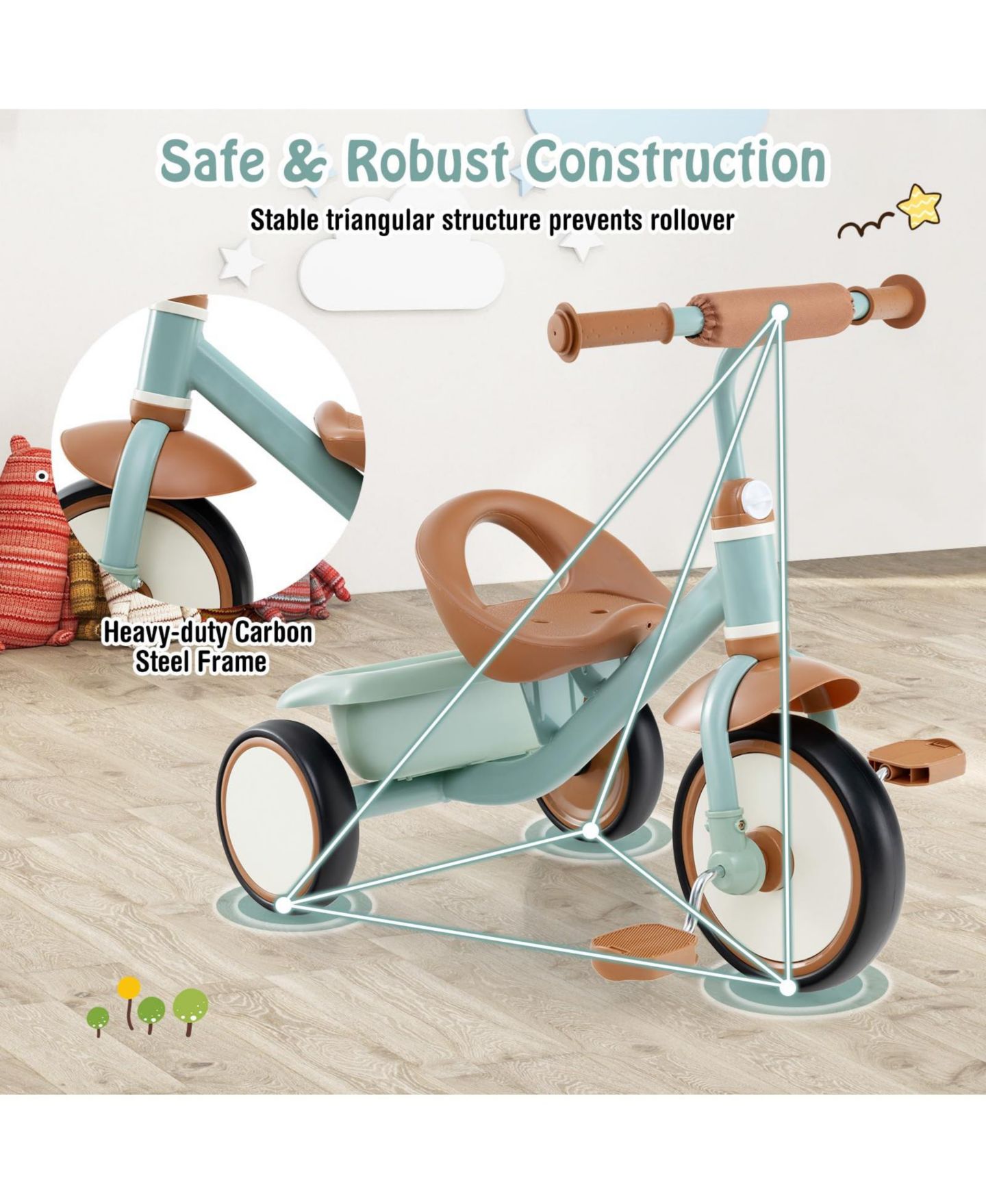 Детская игрушка Mecale Toddler Tricycle Kids Trike with Adjustable Seat and Storage Basket Aged 3-5 Years Old, цвет: Зелёный — фото 7