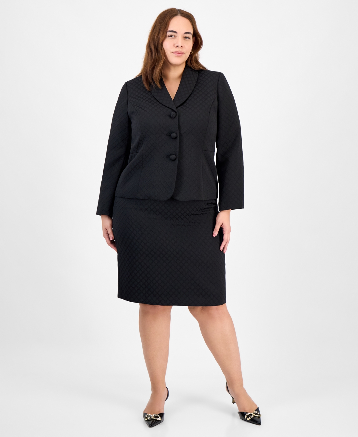 Le Suit Plus Size Shawl-collar Jacket & Pencil Skirt Suit Set In Black