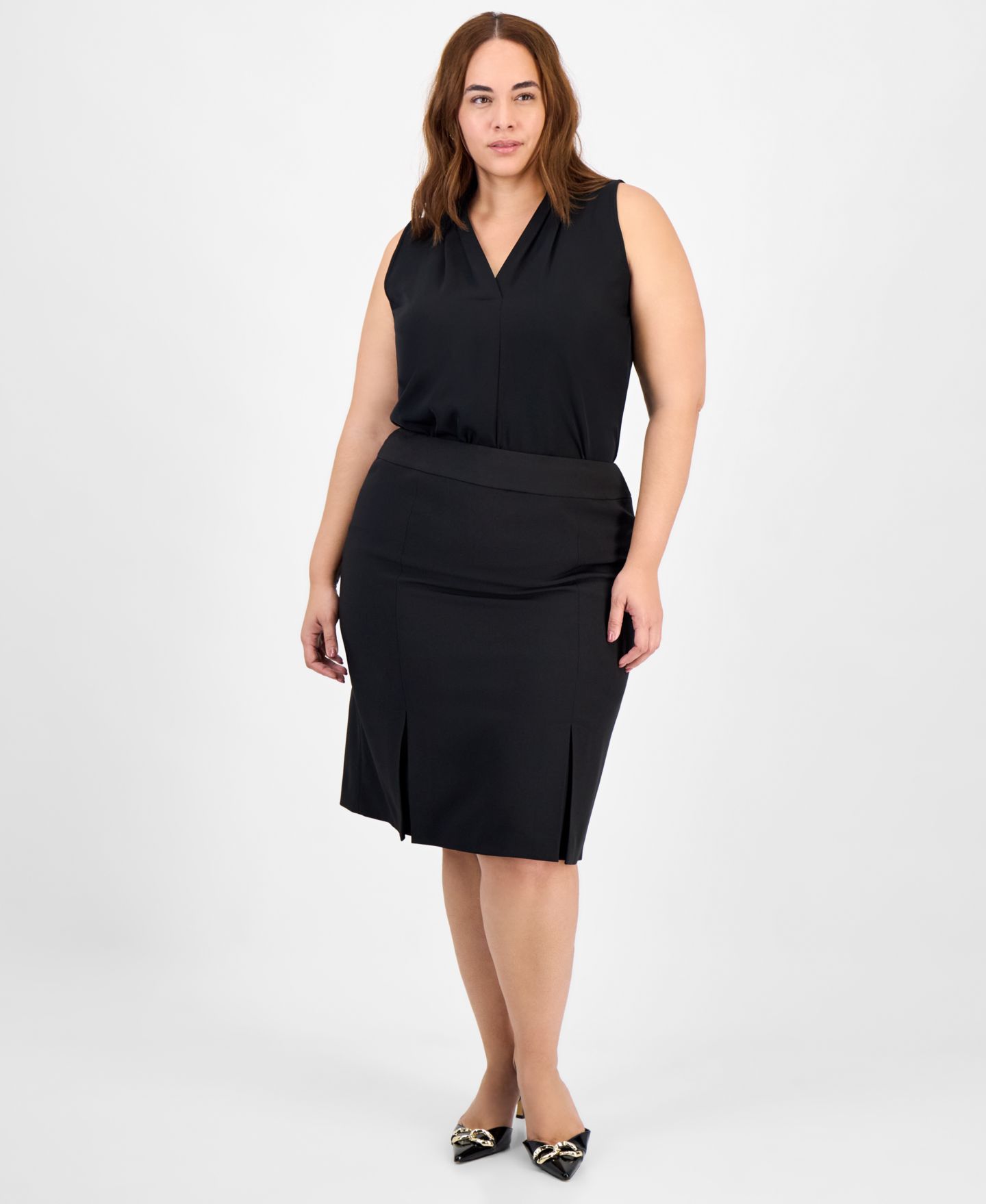 Женские юбки Le Suit Plus Size Pencil Houndstooth 2 Piece Skirt Suit, цвет: Бордо / Чёрный — фото 8