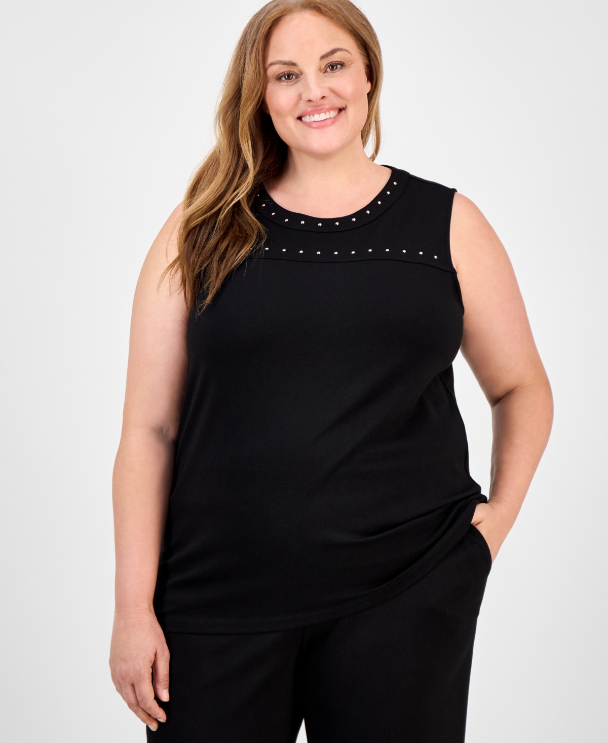 Anne Klein Plus Size Stud-detail Tank Top In Black