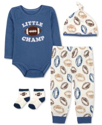 Baby Essentials - Baby Boys Little Champ Football Bodysuit, Pants, Cap & Socks, 4 Piece Set