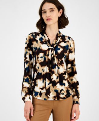 Anne Klein - Petite Printed Tie-Neck Long-Sleeve Blouse
