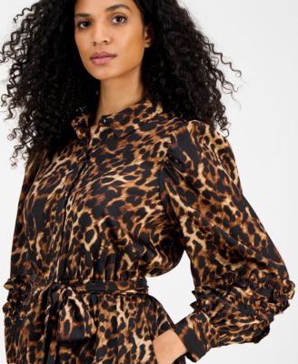 Petite Cat-Print Belted Shirtdress