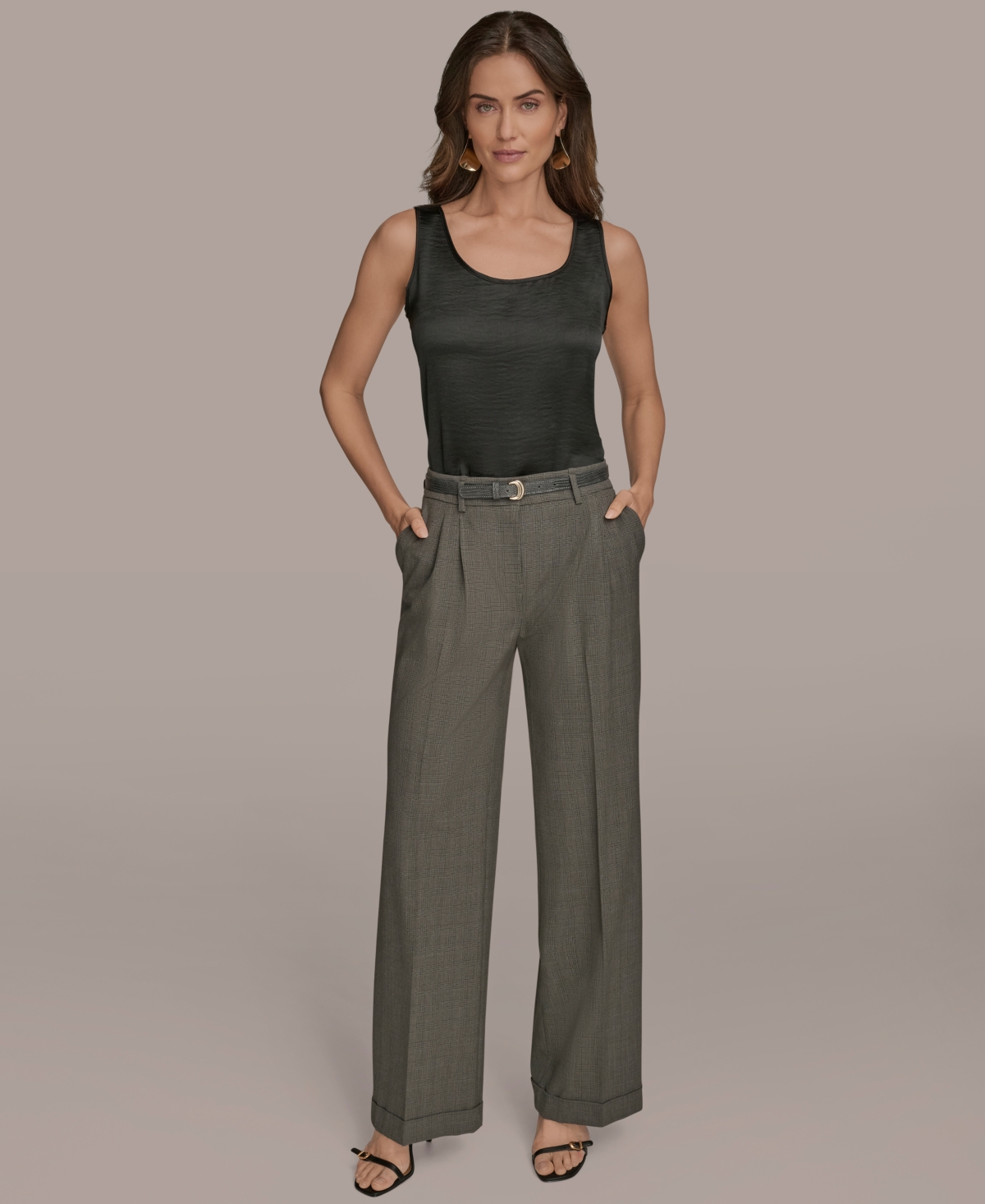 Donna Karan New York Belted Plaid Wide Leg Pants In Gray