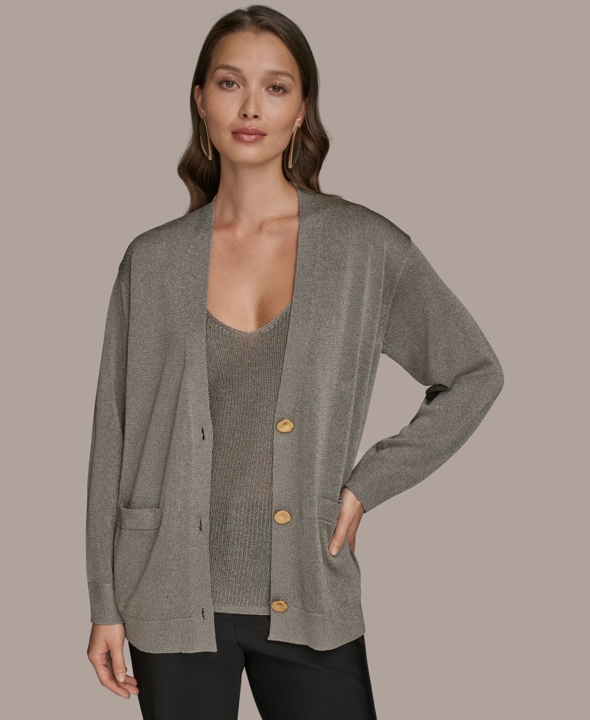 Donna Karan Women's Long-sleeve Metallic Three-button Cardigan Sweater In Gray