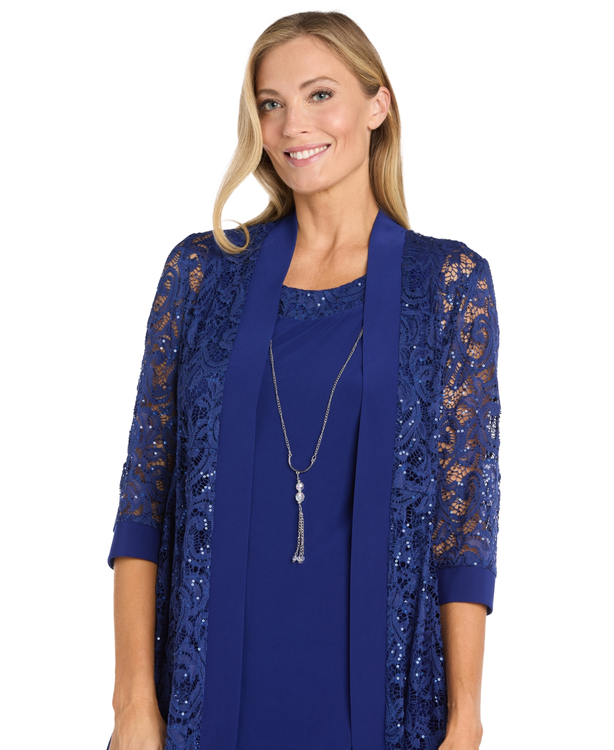R & M Richards Women's 2-pc. Sequined Lace Jacket & Necklace Dress Set In Blue