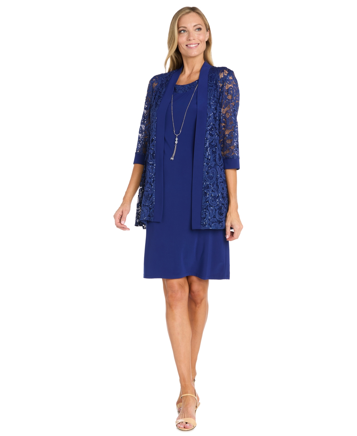 R & M Richards Women's 2-pc. Sequined Lace Jacket & Necklace Dress Set In Blue