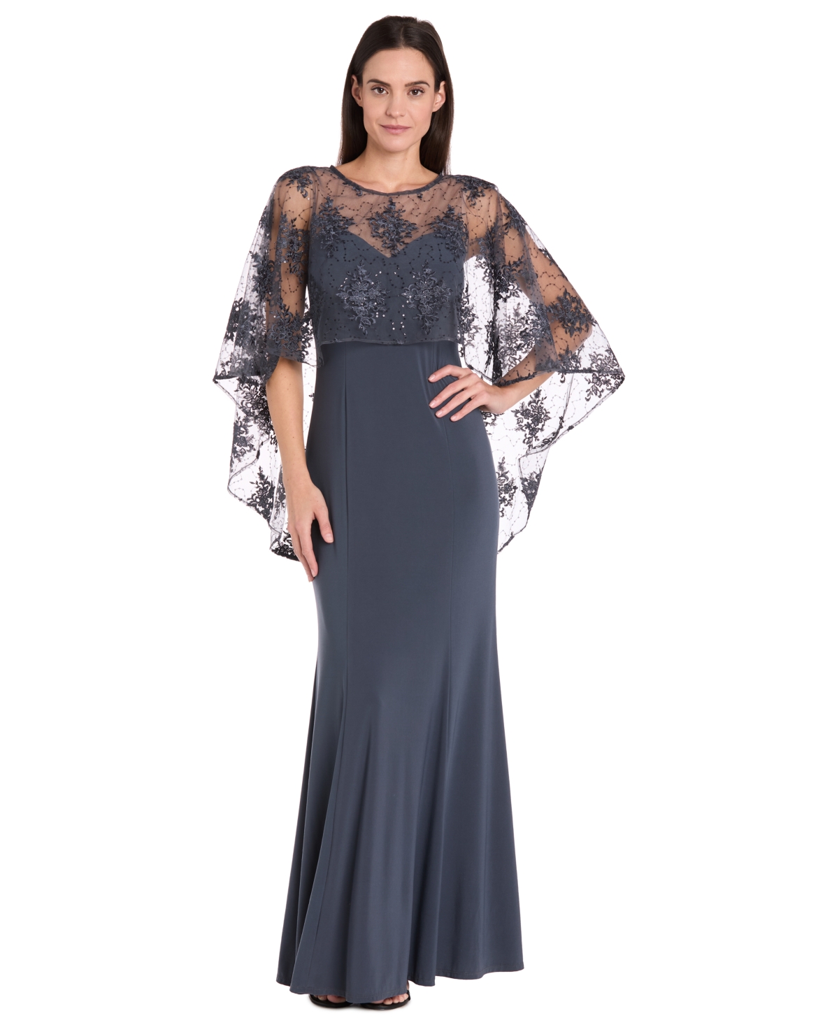 Women's Embellished-Capelet Gown - Charcoal/nude