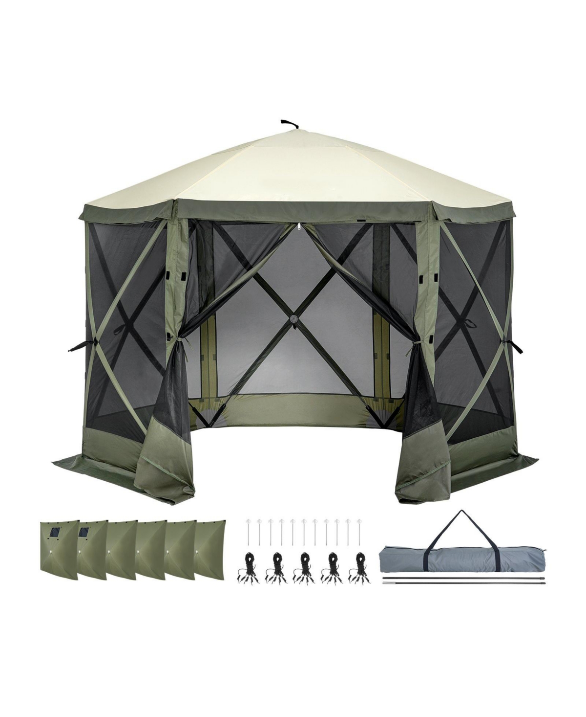 Quick Set Pop Up Screen Tent 6 Sided Canopy with Privacy Cloths and Mesh Windows - Army Green
