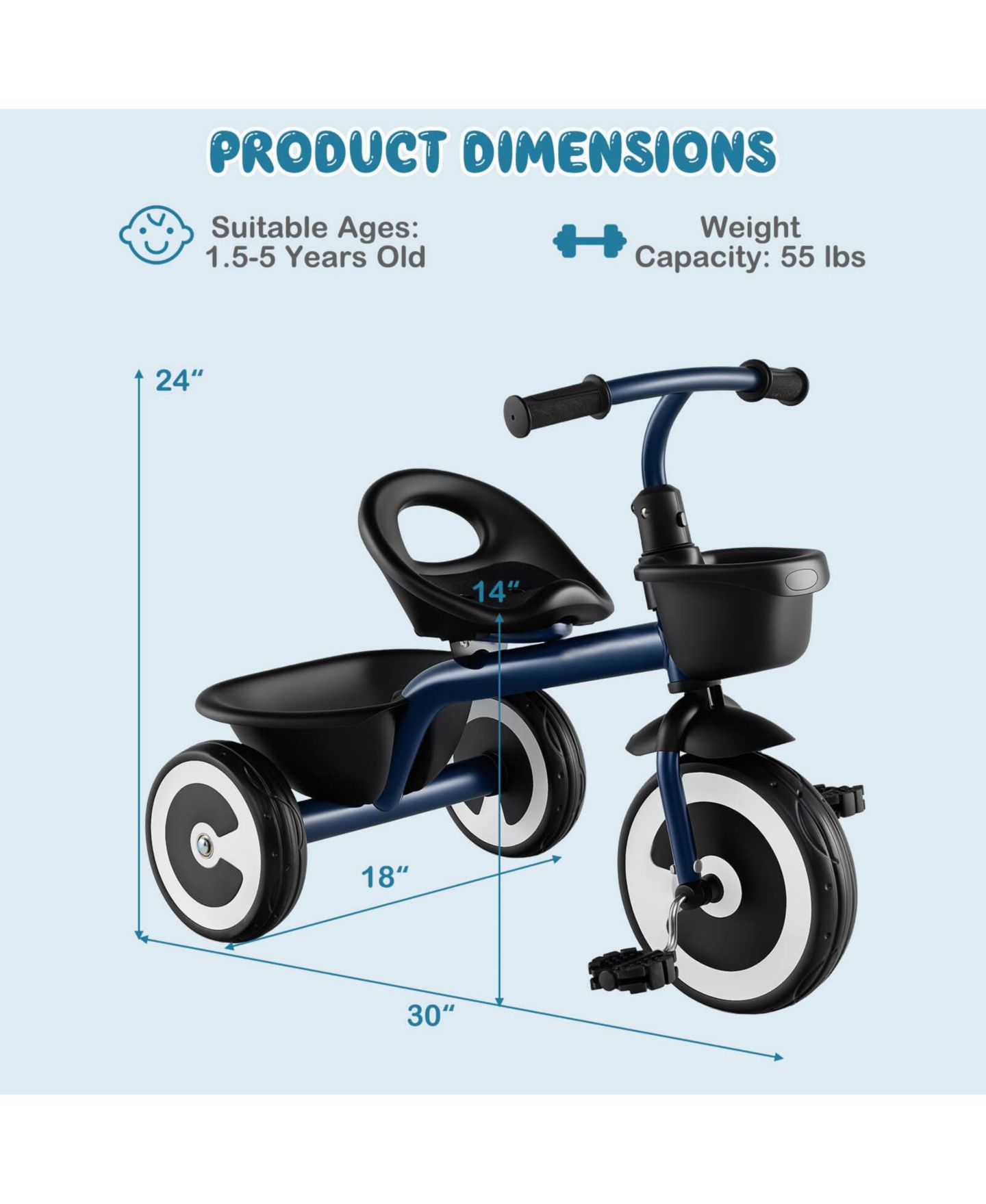 Детская игрушка Costway Toddler Tricycle with Adjustable Seat and Storage Baskets, 55 lbs Capacity, Ages 1.5-5 Years, цвет: Чёрный — фото 2
