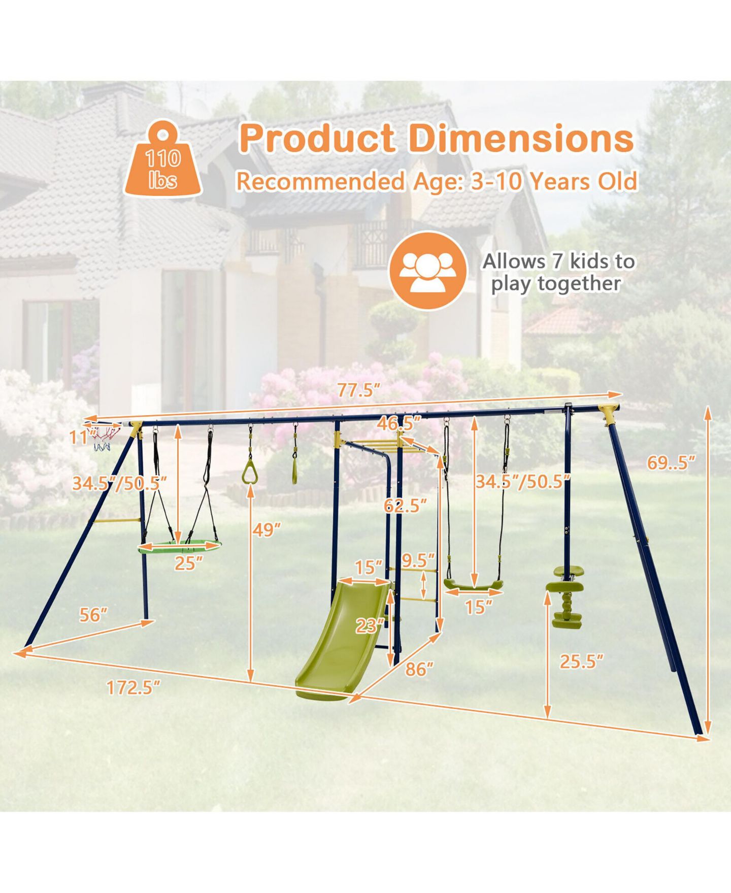 Детские игрушки Gymax Metal 7-in-1 Multifunctional Swing Set, 660 lbs, Ages 3-10, цвет: Зелёный — фото 2