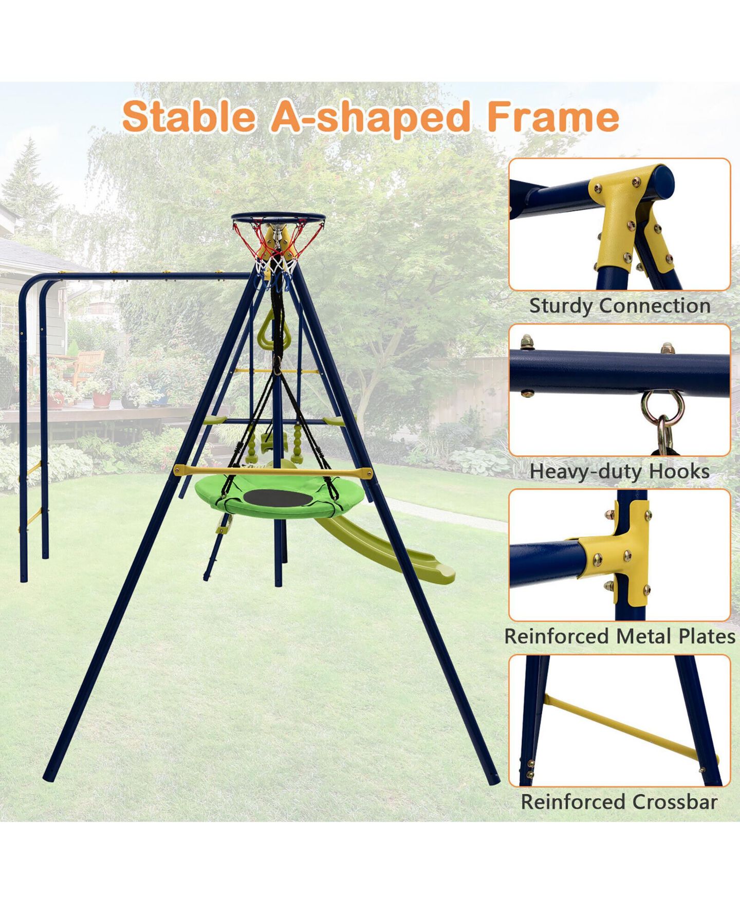 Детские игрушки Gymax Metal 7-in-1 Multifunctional Swing Set, 660 lbs, Ages 3-10, цвет: Зелёный — фото 10