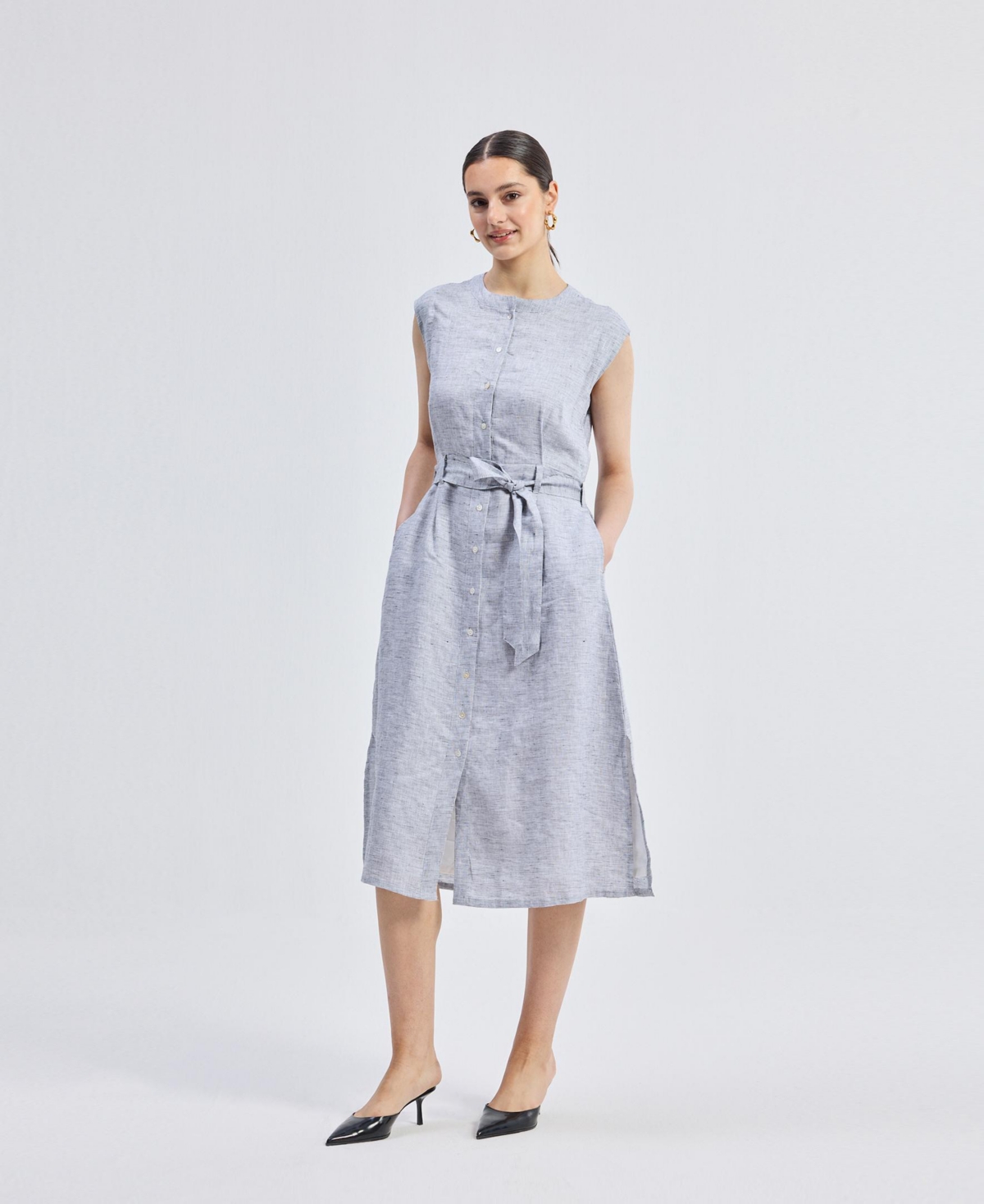 Women's Back Cut Out Linen Dress - Pin striped linen