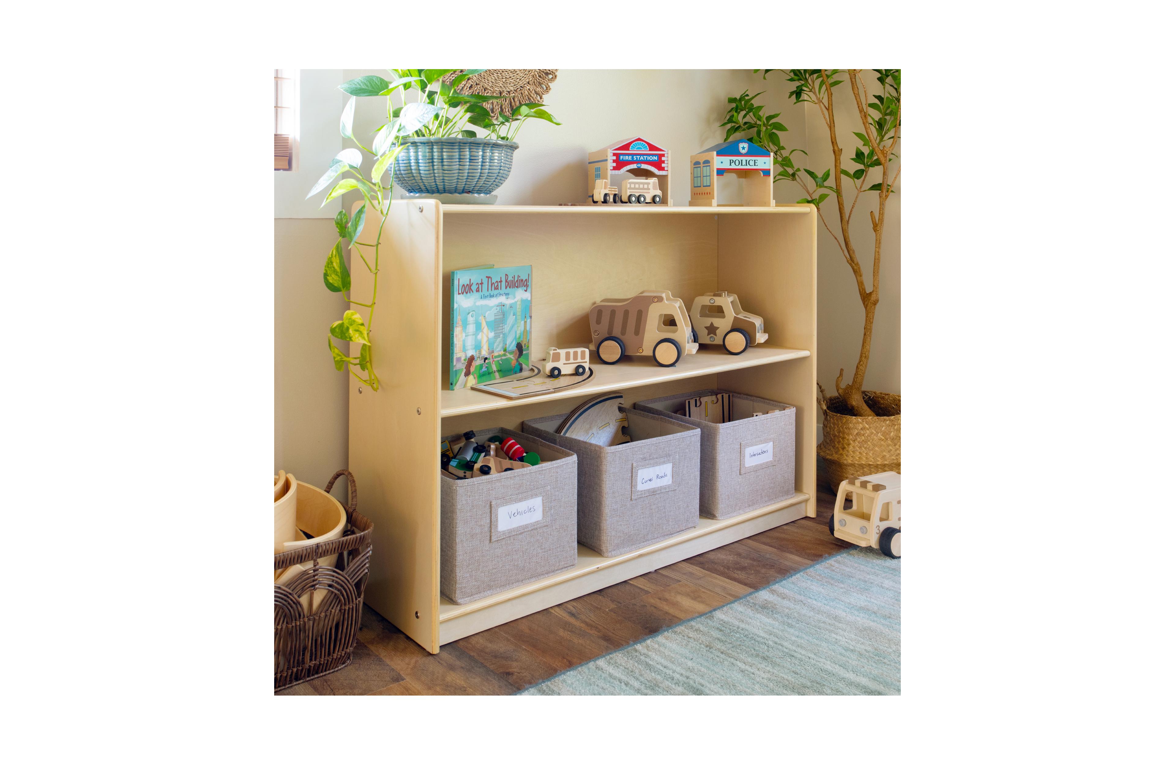 Guidecraft EdQ 2-Shelf Open Storage 30" - White: Kids' Low Wooden Bookshelf, Classroom and Playroom Furniture with Book Toy Bins