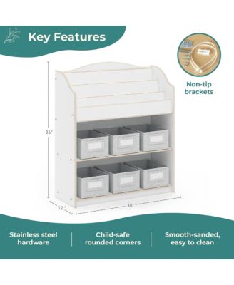 EdQ Book and Bin Browser - Natural: Children's Tall Wooden Bookshelf to Display and Organize Kids' Books in Playroom