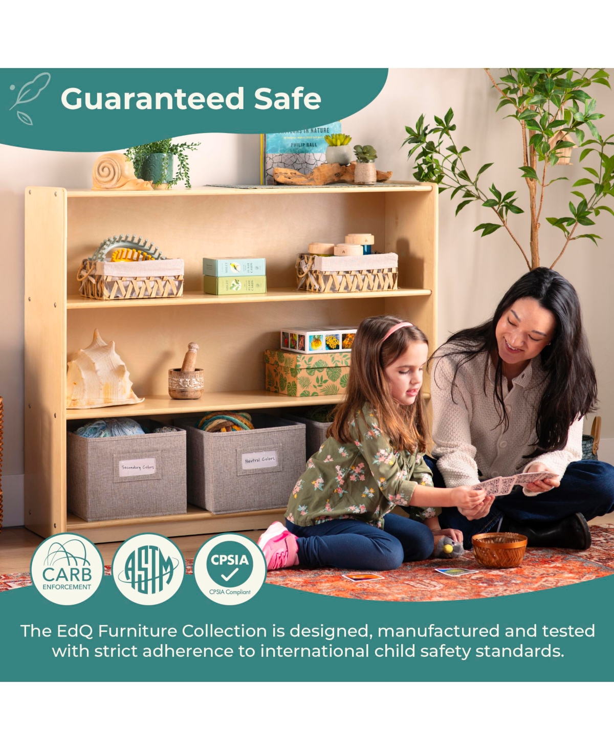 Guidecraft EdQ 3-Shelf Open Storage 36" - Natural: Children's Wooden Home and Classroom Toy Book Organizer with Shelves Bins