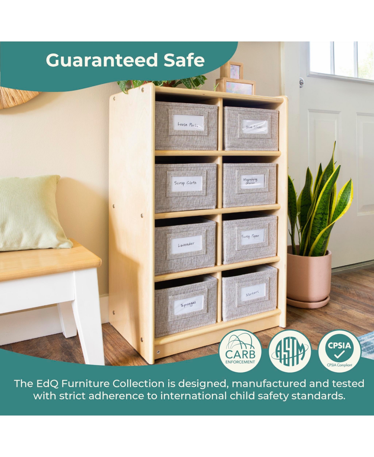 Guidecraft EdQ 8 Cubby Toy Storage Organizer 30" - Natural: Wooden Cube Bookshelf, Kids' Playroom and Bedroom with Bins