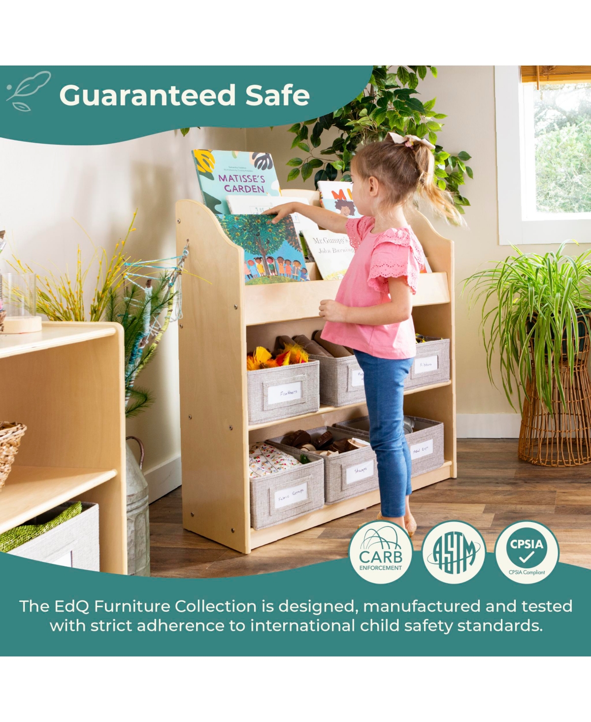 Guidecraft EdQ Book and Bin Browser - Natural: Children's Tall Wooden Bookshelf to Display Organize Kids' Books Playroom