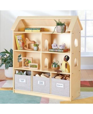EdQ Dollhouse Bookshelf - Natural: Wood Kids' Pretend Play Furniture for Playroom and Classroom with Bins for Toys and Dolls