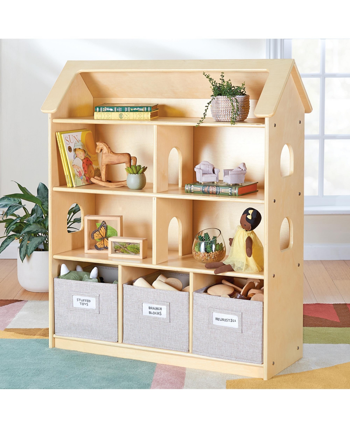Guidecraft EdQ Dollhouse Bookshelf - Natural: Wood Kids' Pretend Play Furniture for Playroom and Classroom with Bins for Toys and Dolls
