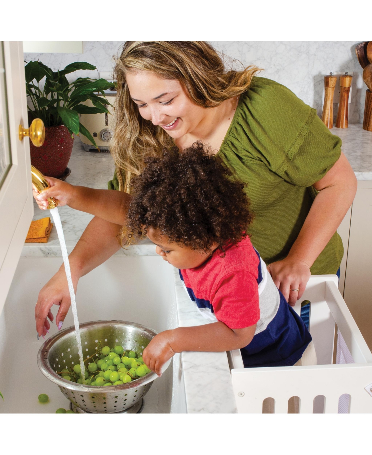 Guidecraft Jr. Contemporary Kitchen Helper Step-Up | Natural: Adjustable Wooden Montessori Toddler Tower, Kitchen and Bathroom Step Stool for Kids