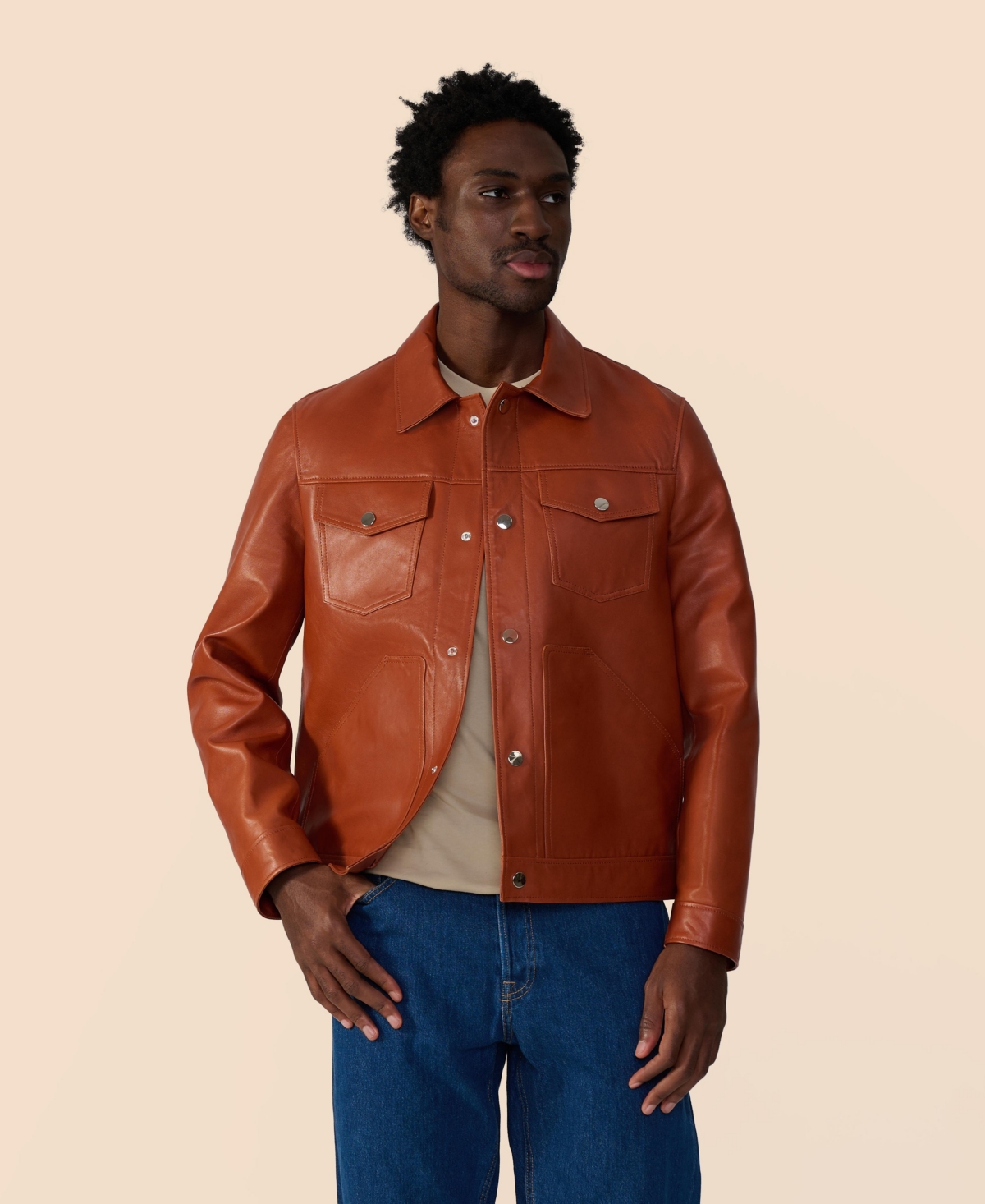 Men's Leather Trucker Jacket, Created For Macy's - Whiskey brown