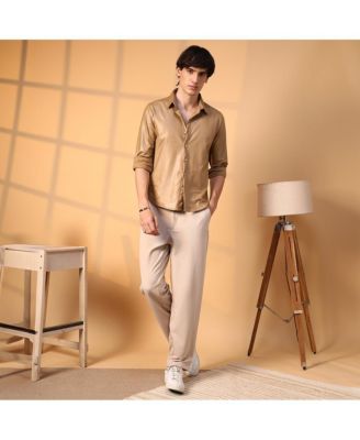 Men's Camel Brown Solid Suede Shirt