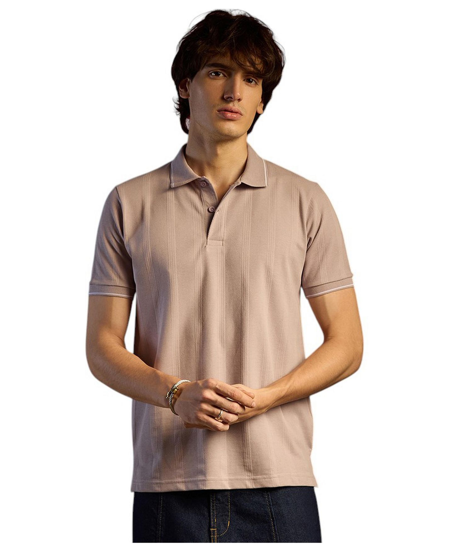 Мужская футболка Cahoot Blush Pink Lined-Knit Polo, цвет: Бежевый — фото 1
