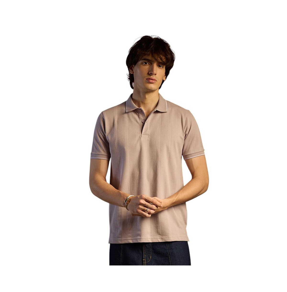 Men's Blush Pink Lined-Knit Polo T-Shirt - Pink