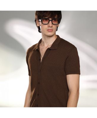 Men's Taupe Brown Rhombus-Textured Knit Shirt