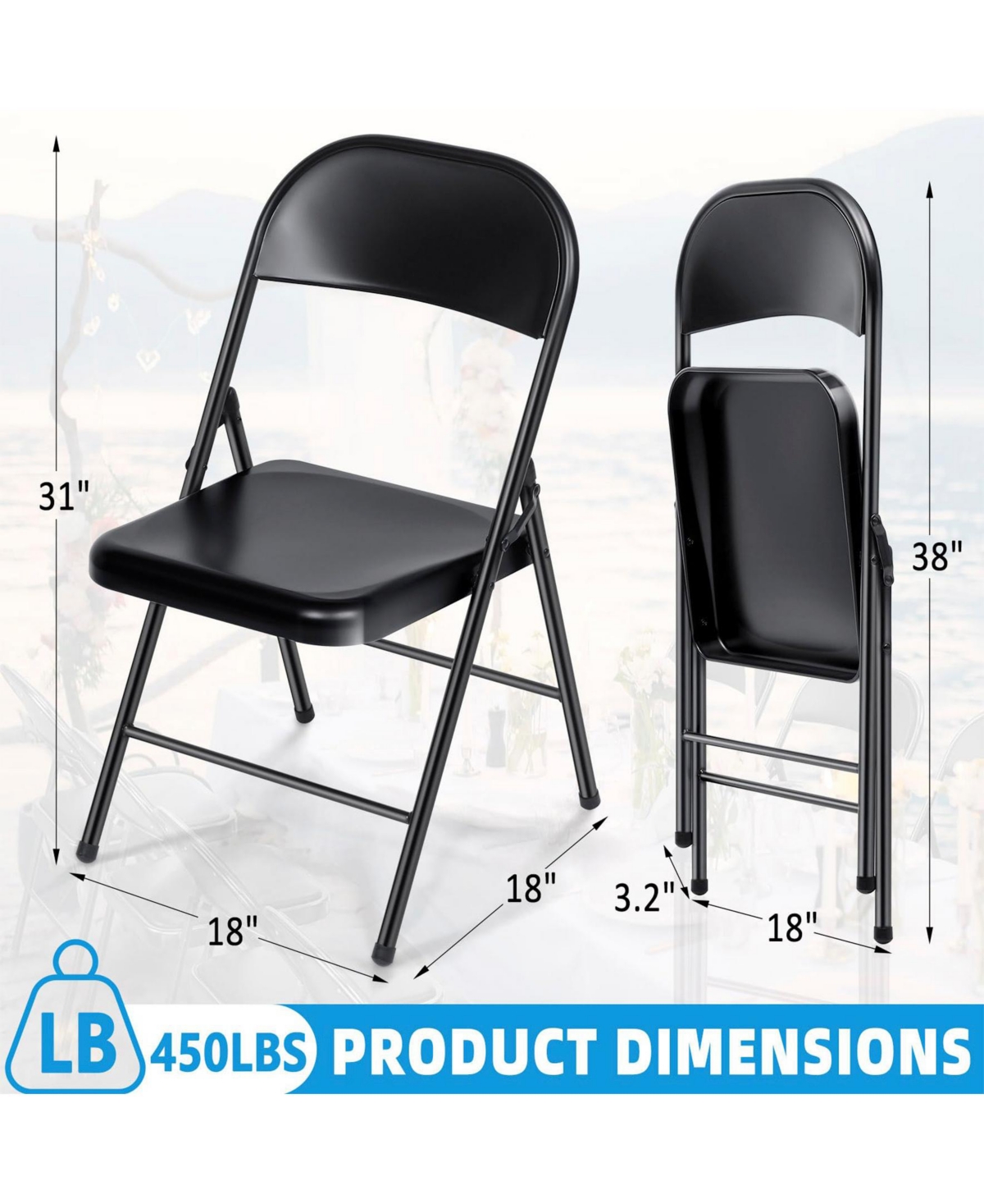 Sugift 4-Pack Heavy Duty Folding Chairs – 450lb Capacity Commercial-Grade Steel Frame Chairs for Events, Parties & Offices (Black)
