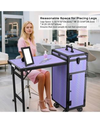 Portable Rolling Nail Table Kit with Makeup Train Case Aluminum Purple